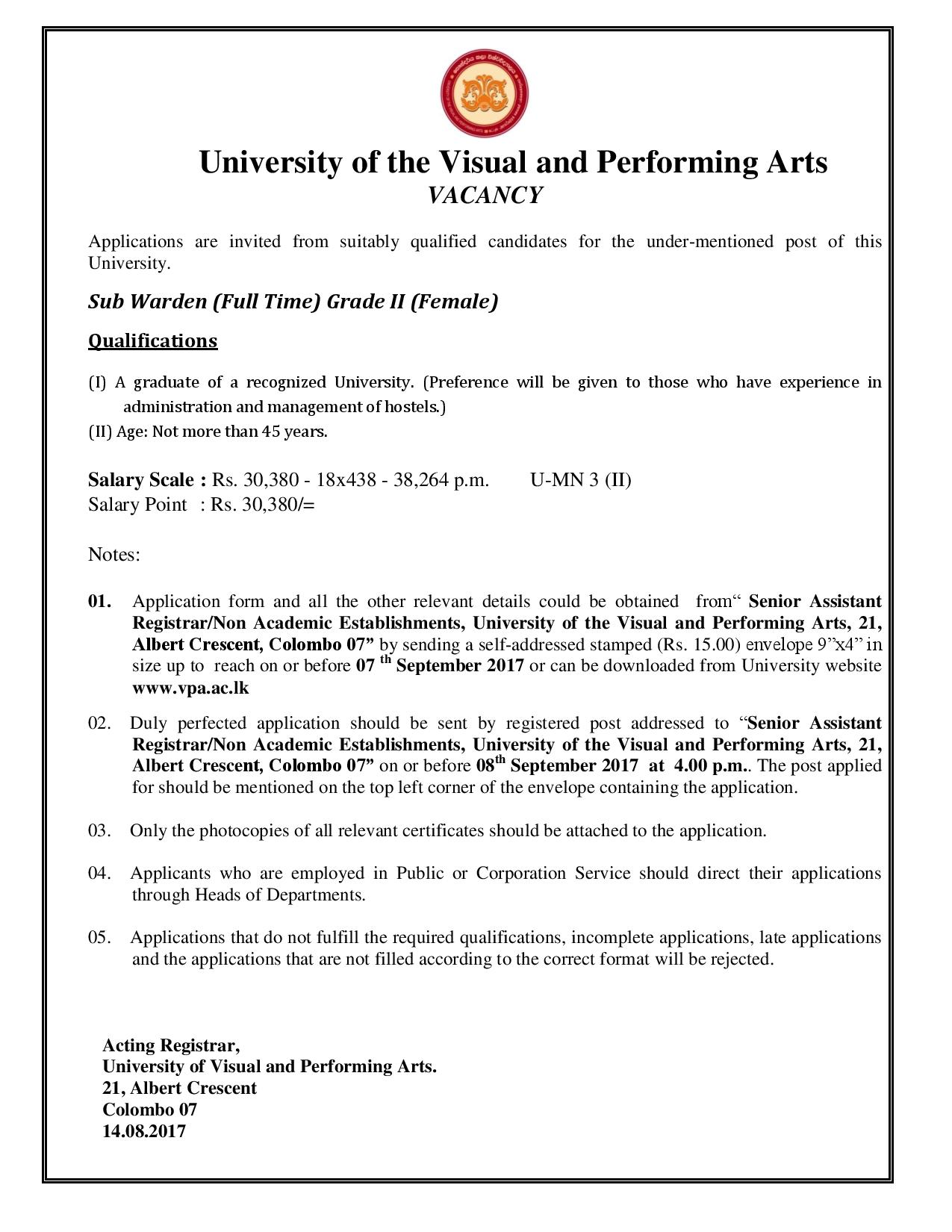 Full Time Sub Warden (Female) - University of the Visual & Performing Arts